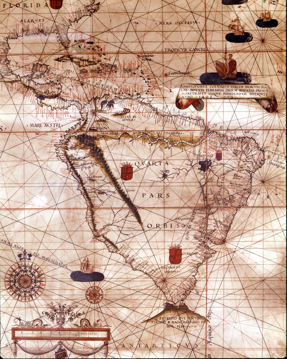 Dél-Amerikát képviselő portulán, amely Bartolomeo Velhiohoz tartozik. 1561. alkotó: Unknown artist