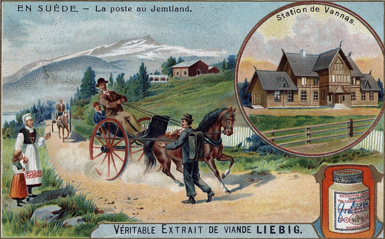Posta és postás Jemtlandban, Svédországban. Kromolitográfia, Liebig-kép. alkotó: Unknown artist