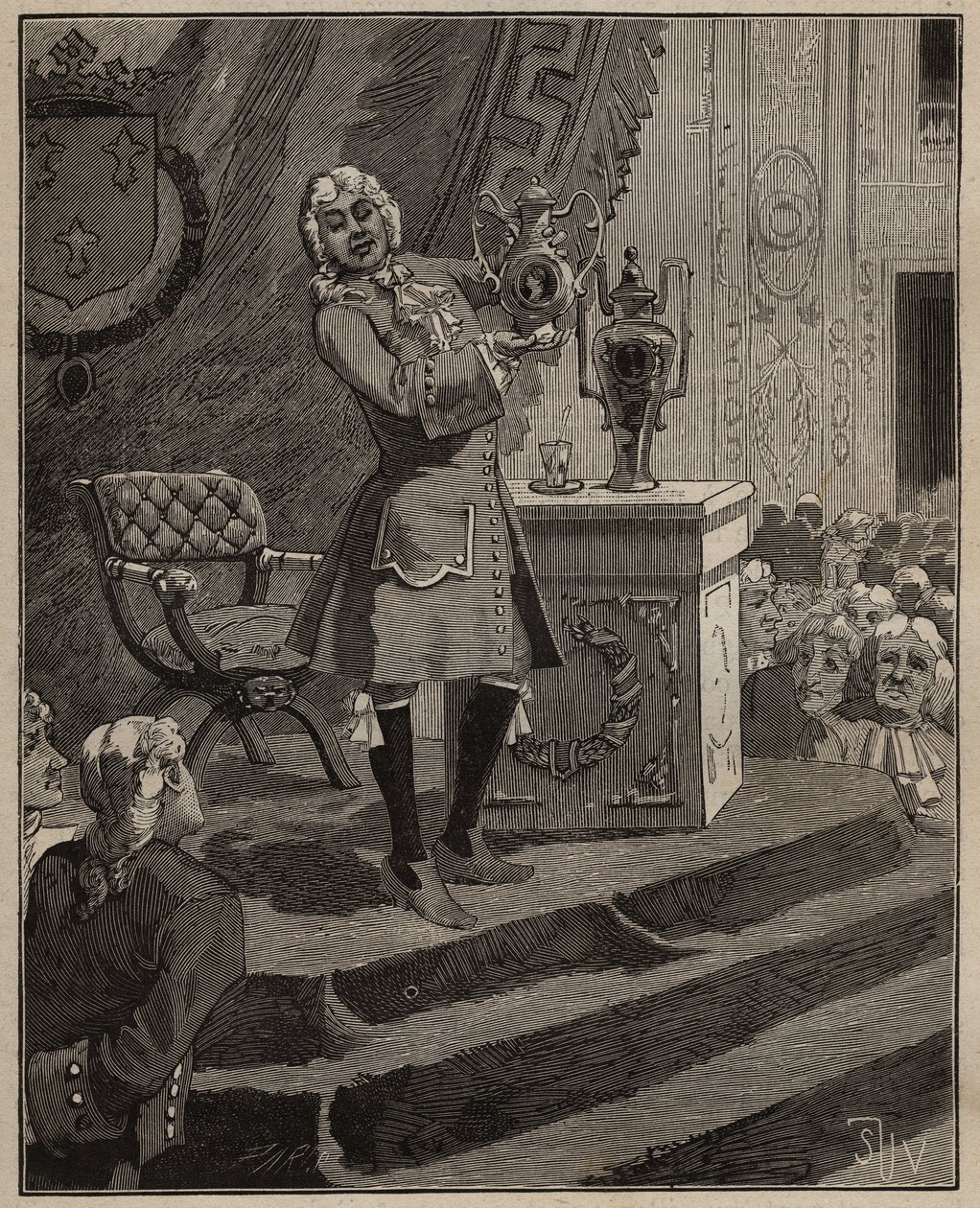 Kerámia: Pierre Joseph Macquer (1718-1784) az Akadémián bemutatja az első kemény porcelánt, amelyet Franciaországban készített a Sevres-i gyár 1769-ben. Metszet 1885-ből Adolphe BITARD „” Les arts et metiers illustres” című művében. alkotó: Unknown artist