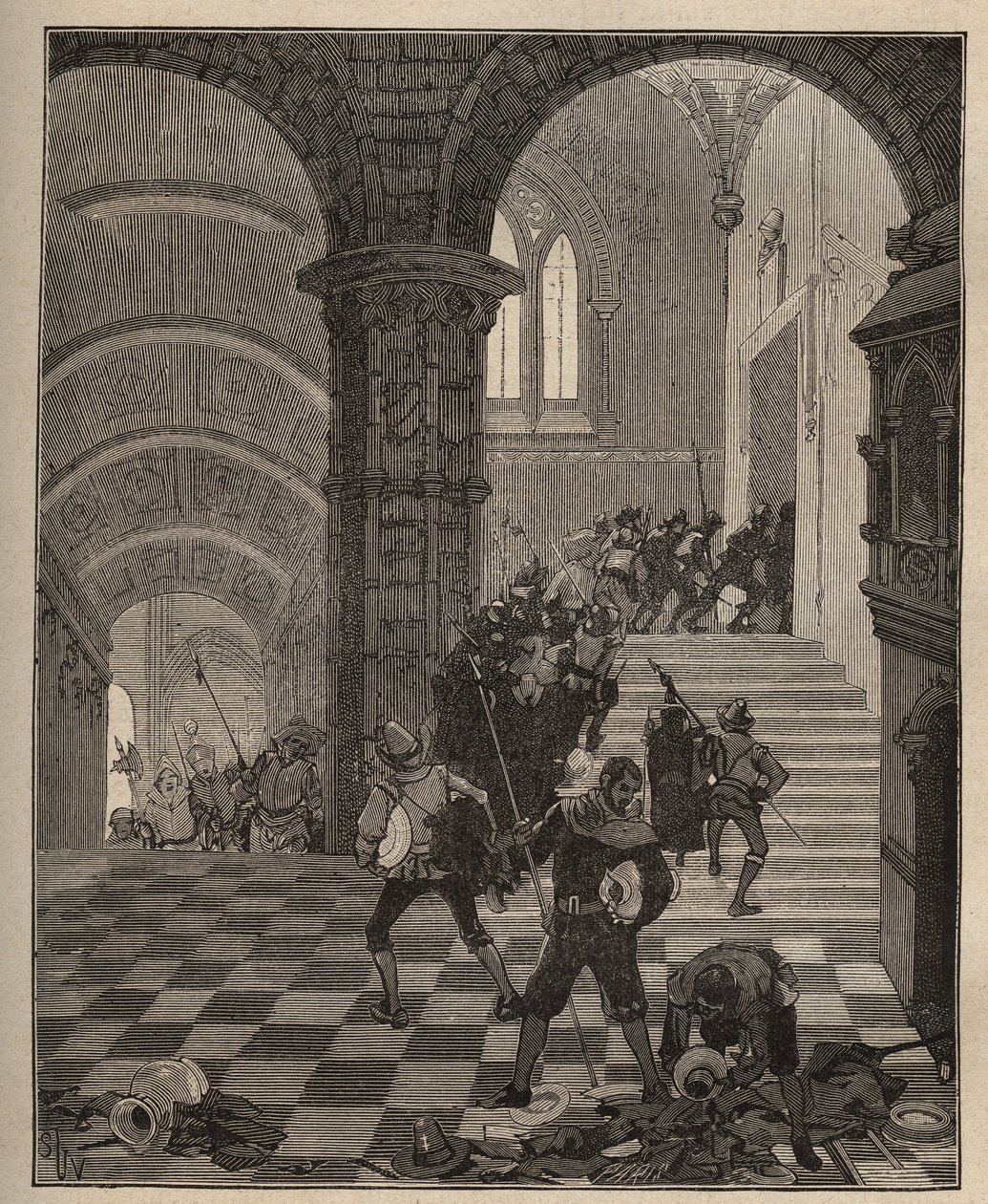 Fazekasság: a „Henri II” gyár lerombolása Oiron (Deux Sevres) kastélyának 1568-ban történt kifosztása során a Liga idején. Metszet 1885-ből Adolphe BITARD „” Les arts et metiers illustres” című könyvébe. alkotó: Unknown artist