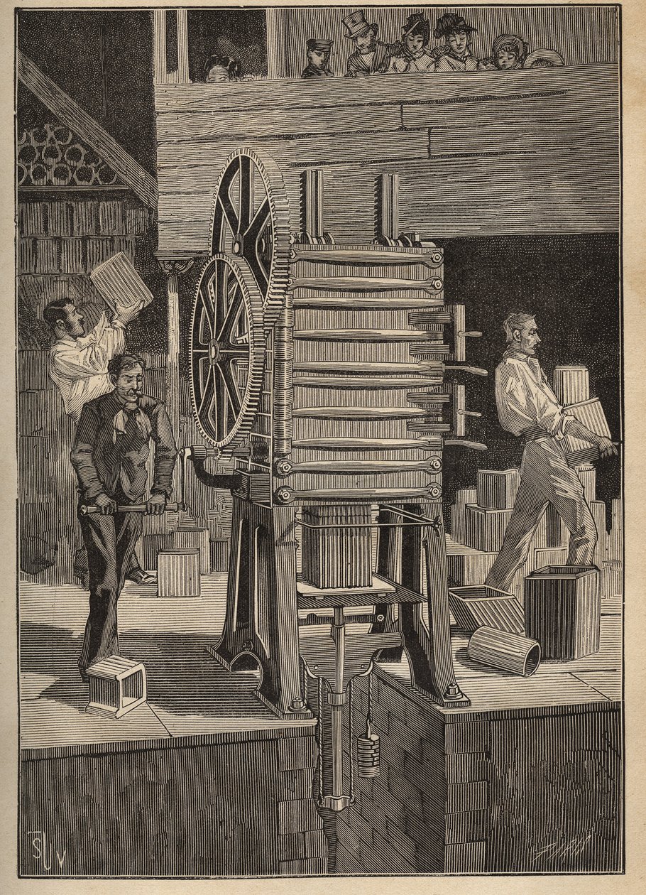 Fazekasság: üreges részek mechanikus fröccsöntése. Metszet 1885-ből Adolphe BITARD „Les arts et metiers illustres” című könyvében. alkotó: Unknown artist