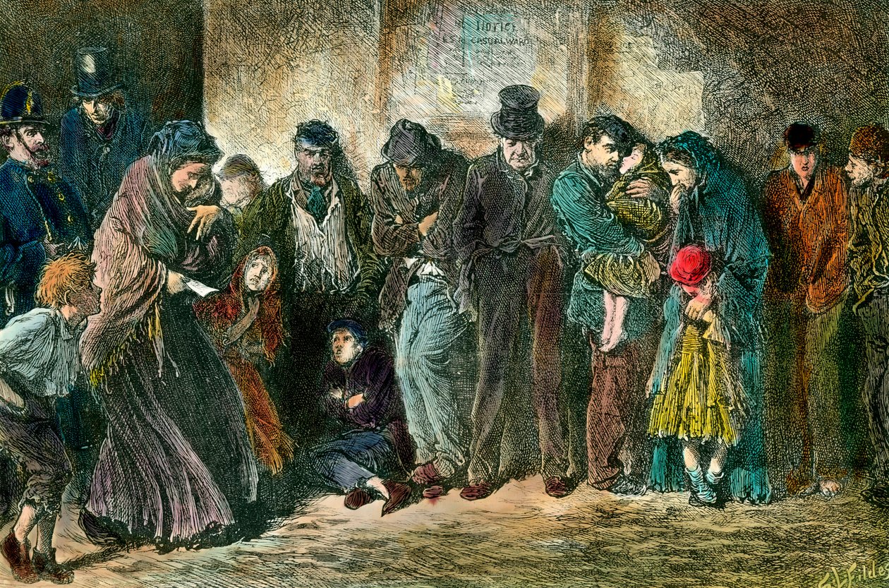 Szegénység Londonban egy menhely ajtajában Szegény és éhező családok sorakoznak fel egy otthon előtt. Metszet 1869-ből. Magángyűjtemény alkotó: Unknown artist