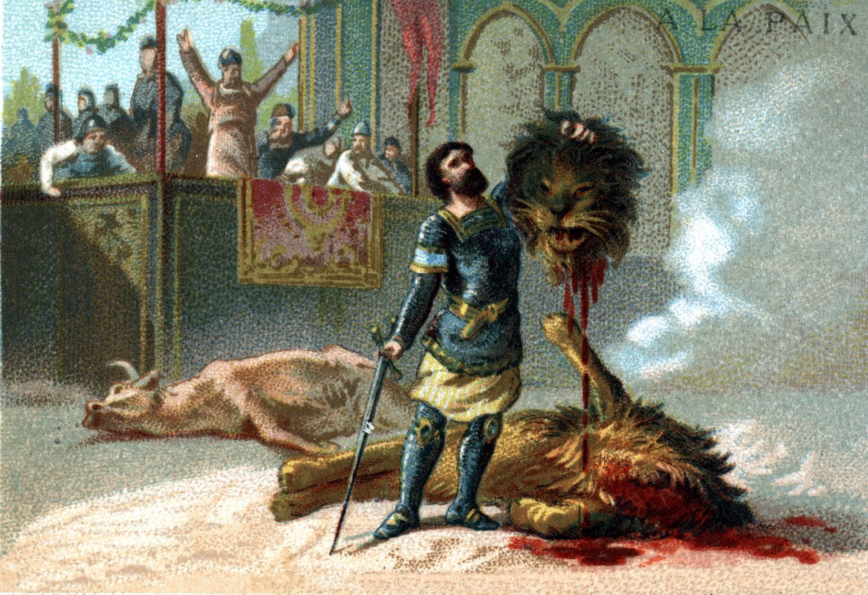 Pépin le Brief (715-768), a frankok királya egy oroszlánnal és egy bikával harcol a 751-es koronázása alkalmából tartott lakomák alatt. alkotó: Unknown artist