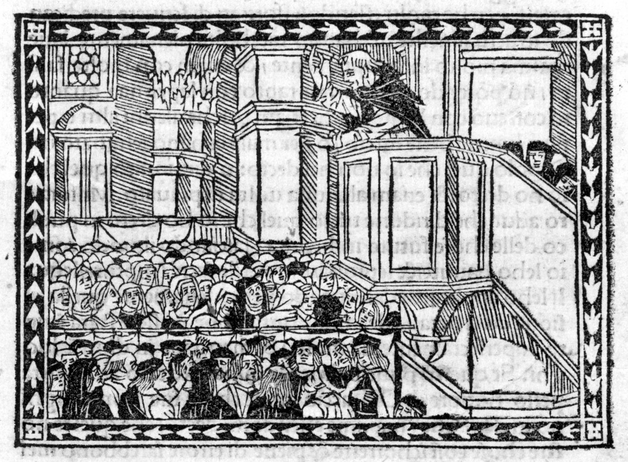 G. Savonarola (Jerome Savonarola) prédikációja (1452 - 1498) - a „” Compendium of Revelatione” című kötetben, 1496. április 23-i inkunabulum. alkotó: Unknown artist