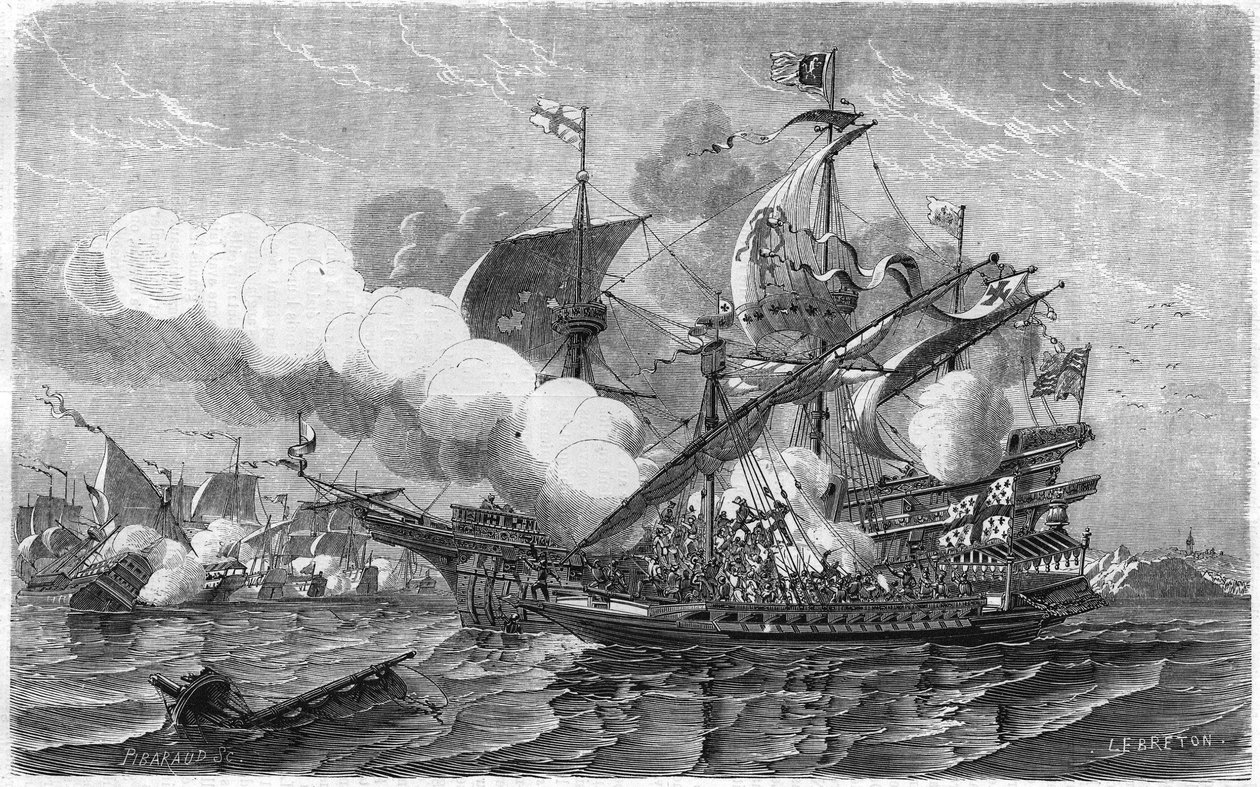 Terhes megtámadta az angol flottát, amelyet Edward Howarth admirális irányított, 1513. április. 19. századi metszet. alkotó: Unknown artist