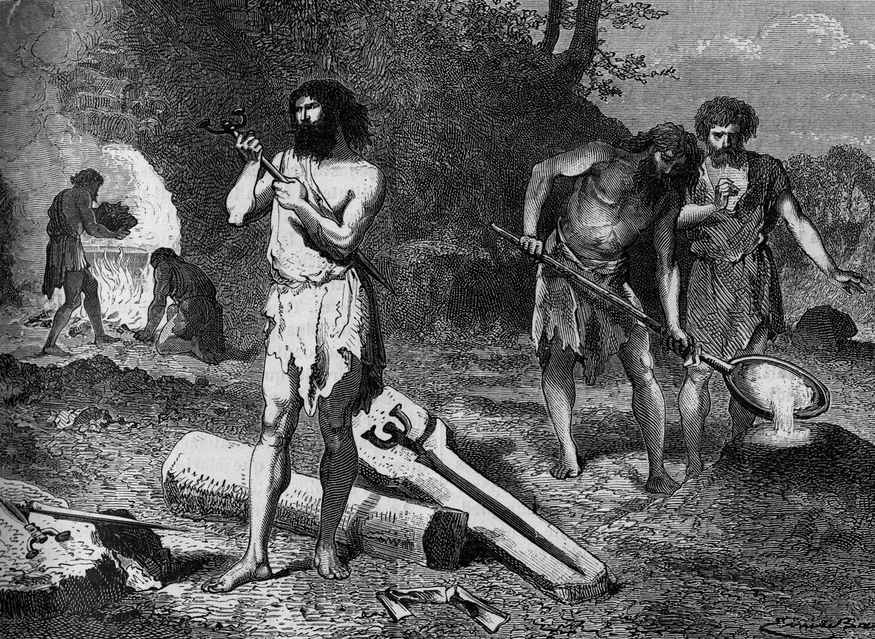 Prehistoire - a bronzkor első kohászai: bronz készítés. Metszet a „” Le Journal de la jeunesse”-be alkotó: Unknown artist