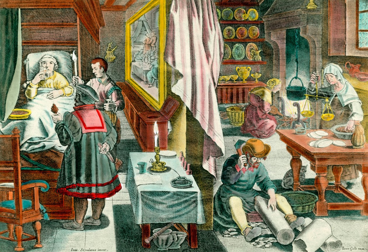 Guánó alapú gyógyszerek készítése és beadása venerian syphilis betegség ellen”” Metszet a 17. századról. Párizs. Orvostudományi Akadémia alkotó: Unknown artist