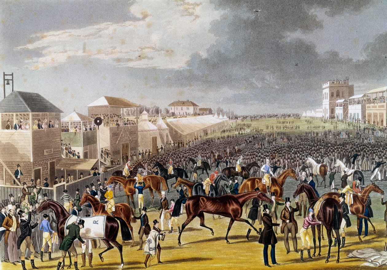 Előkészületek egy epsomi versenyre (Epsom Oaks: angol lóverseny). századi magángyűjtemény metszete alkotó: Unknown artist