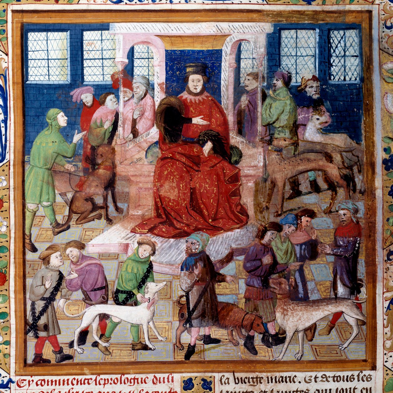 Gaston III Phoebus, Foix grófja, Bearn ura (1331-1391) a kutyák bemutatása Foix grófnak Miniatűr a „A vadászat könyvéből” alkotó: Unknown artist