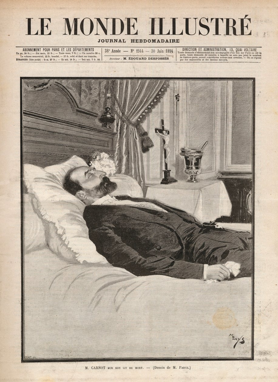Sadi Carnot (1837-1894) köztársasági elnököt halálos ágyán, szakszervezeti és anarchista agitáció keretében június 24-én a lyoni kiállításon meggyilkolta Sante Caserio (1873-1894), majd később. Metszet „Le monde illustrious”” f alkotó: Unknown artist