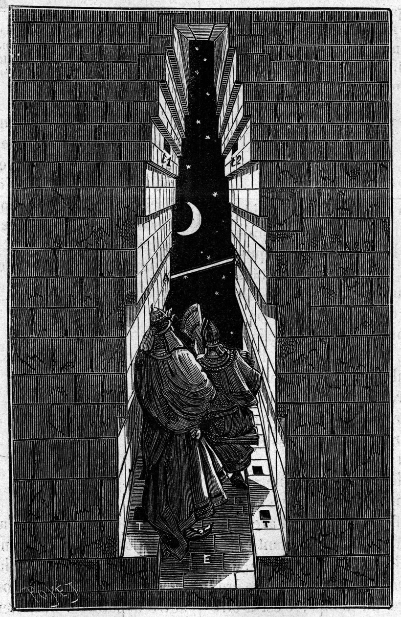 Az ókori Egyiptom papjai megfigyelik a csillagokat Kheopsz (Cheops, Keops, Khufu, Khufu) a Gyza (Guizeh, Gizeh, Giza) nagy piramisában. Gravírozás az 1891. április 11-i „” La Nature: revue des sciences et de leurs applications aux arts et a l