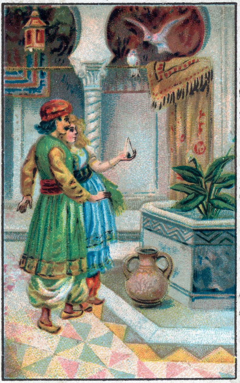 Ahmed herceg a honoráriummal. Ahmed herceg története és a díj Párizs-Banou (Pari Banou) (Paribanu). 1001 éjszaka meséje (az ezeregy éjszaka meséi). A 19. század végének kromolitográfiája. alkotó: Unknown artist