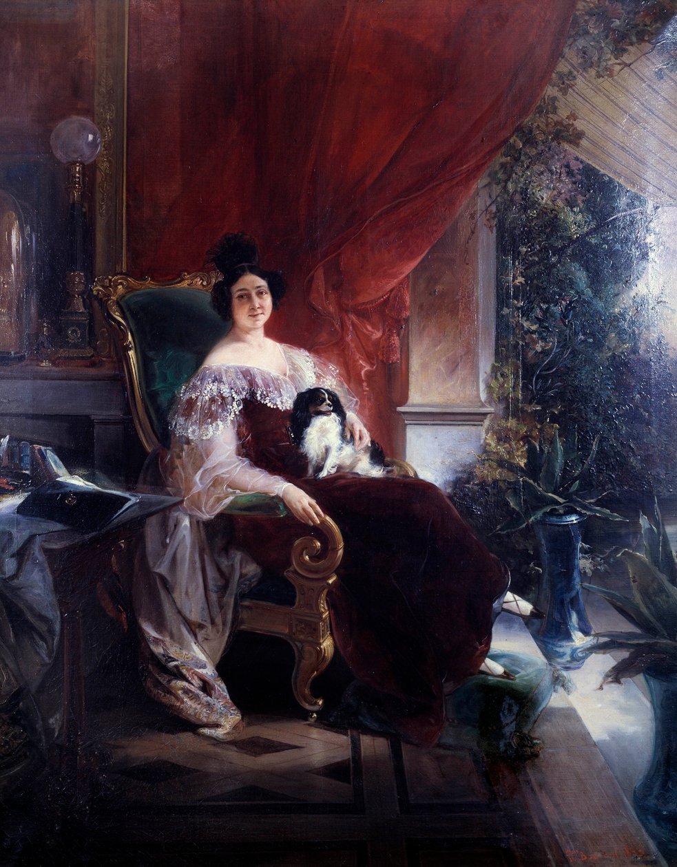 Magánélet, a hölgy a kutyával. Egy kutya ül egy nőn a verandán. Francois Bourbot festménye (XIX. század) alkotó: Unknown artist
