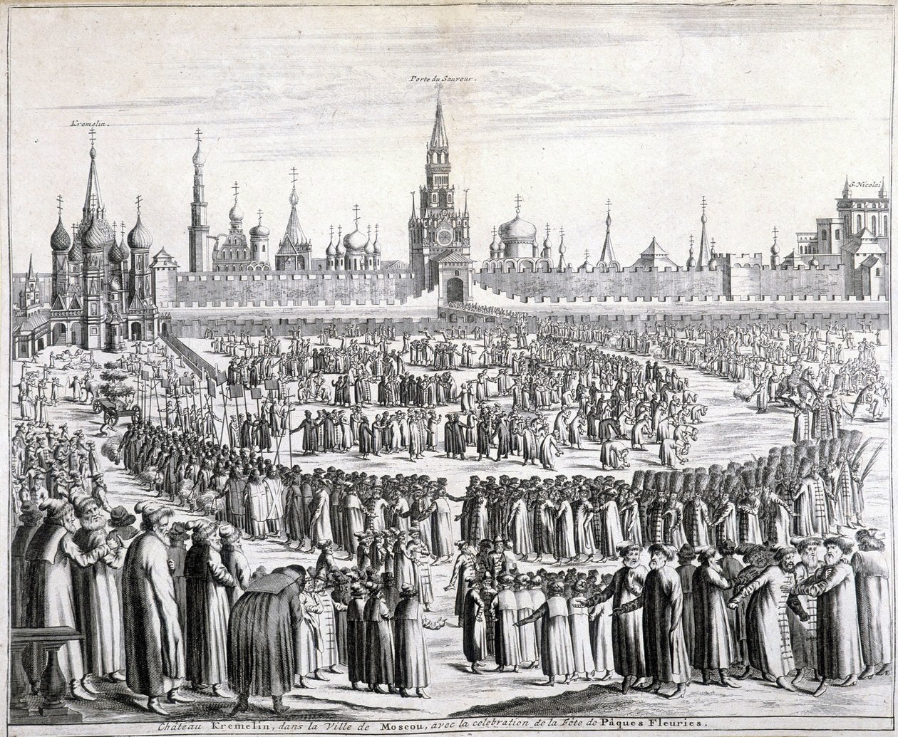 Húsvéti virágmenet a Szent Megváltó kapuja és a Kreml előtt Moszkvában. századi metszet. alkotó: Unknown artist