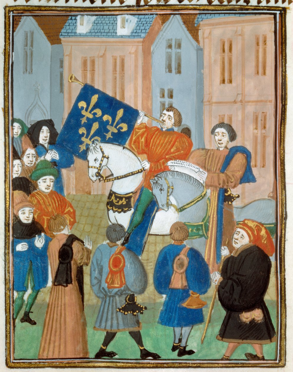 A béke kikiáltása Reimsben 1435. október 2-án, miután VII. Károly király és III. Jó Fülöp burgundiai herceg aláírta az Arras-i szerződést, amely véget vetett az armagnácok és a burgundok közötti polgárháborúnak. Miniatűr a "" Kings and quee-ból alkotó: Unknown artist