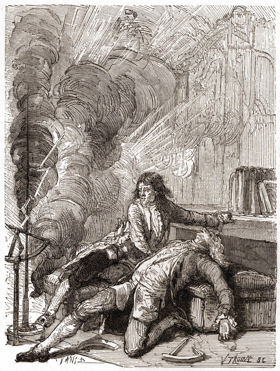Georges Guillaume Richmann professzor (1711-1753) egy elektrométeres kísérlet után a műhelyében halt meg. alkotó: Unknown artist