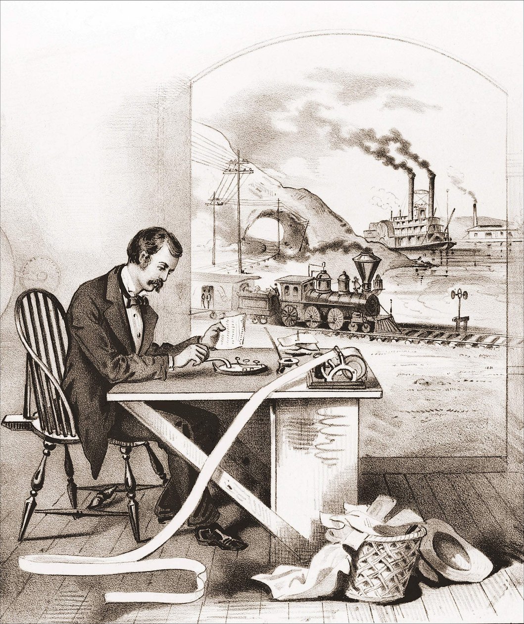 Század előrehaladása (XIX. század): Morse-távirat, Hajnali csónak, Vonat stb.. Metszet a XIX. alkotó: Unknown artist