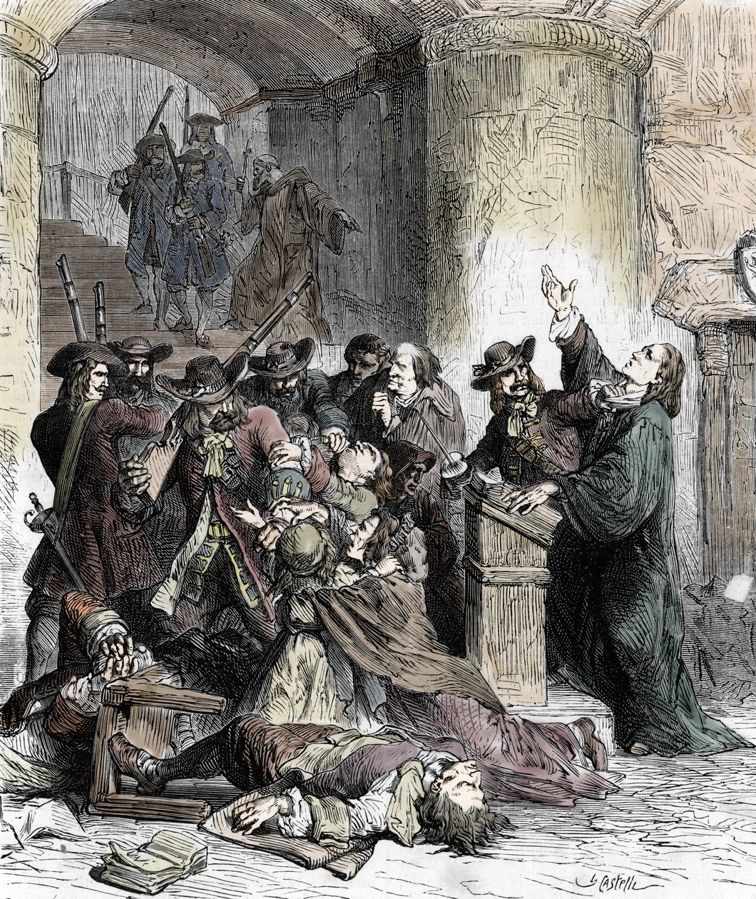 A protestánsok prédikálásának és letartóztatásának betiltása az Edit de Nantes visszavonása után (sárkányok XIV. Lajos (1681-1686) alatt): Katolikus katonák (sárkányok) lemészárolják a protestánsokat. 19. század (metszet) alkotó: Unknown artist