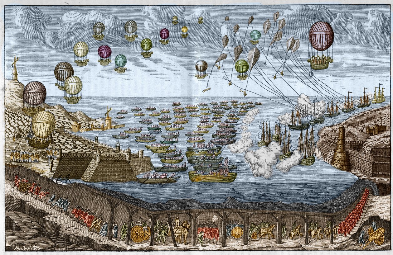 I. Napóleon 1803-as támadási (inváziós) terve Anglia ellen – francia csapatok sétálnak át a Csatorna-alagúton, miközben hajók és léggömbök támadnak tengeren és légi úton – 1803-as metszet alkotó: Unknown artist