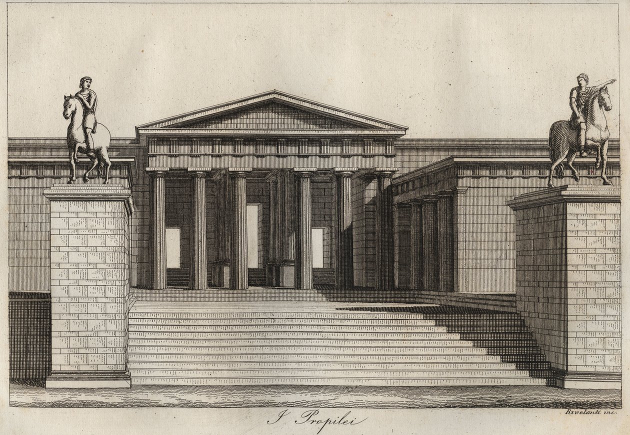 Propylees (Propylaea) (Athénész akropolisza) metszet az Univerzum minden népének „szokásai és hagyományai” című könyvéből. Azaz: A kormányzat, a törvények, a milícia, a vallás története a legtávolabbi időktől napjainkig "1856 alkotó: Unknown artist