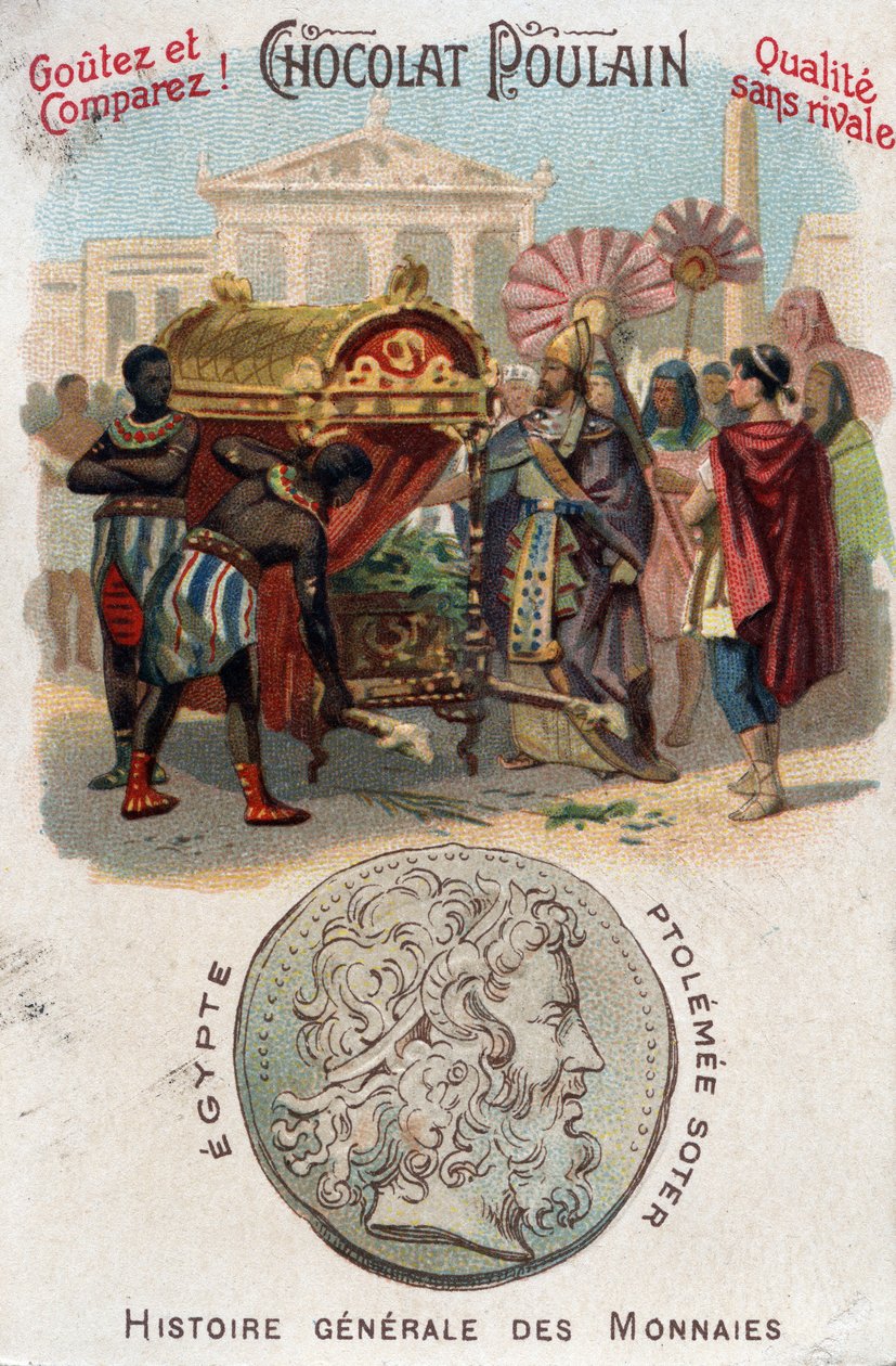 I. Ptolemeus (Kr. e. 360-283) Soter (megváltó) eltemette Nagy Sándort. Az érmék általános történetében. Csokoládé-csikó kromolitográfiája a 19. század végén. Magángyűjtemény. alkotó: Unknown artist