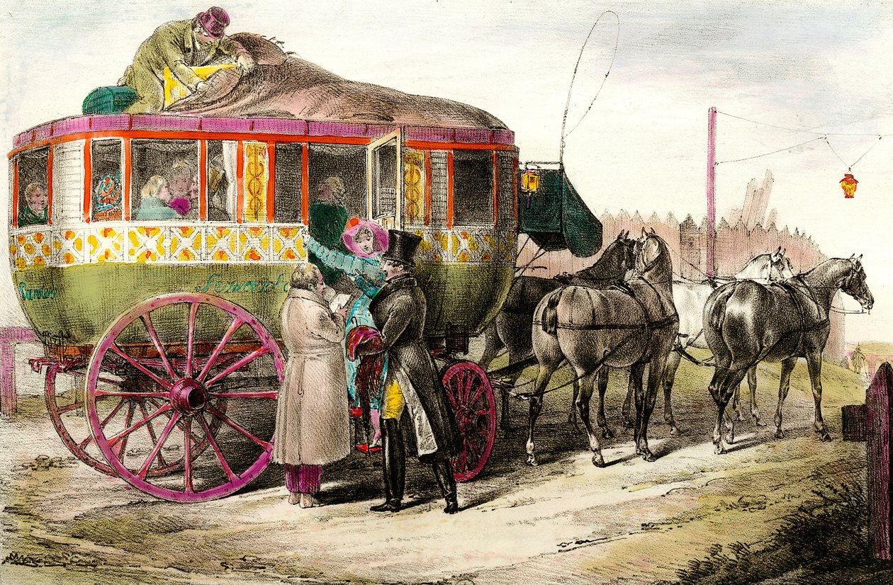 Tömegközlekedés: a Parisienne Diligence-be belépő utasok. századi magángyűjtemény metszete alkotó: Unknown artist