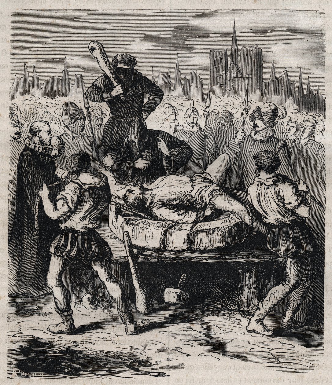 Francois Ravaillac (1578-1610), IV. Henrik király (1553-1610) bérgyilkosának megbüntetése a párizsi Place de Greve-en 1610-ben – Pierre Zaccone (1817-1895) 1879-es metszete „Titkos, politikai és vallási társaságok története” c. alkotó: Unknown artist