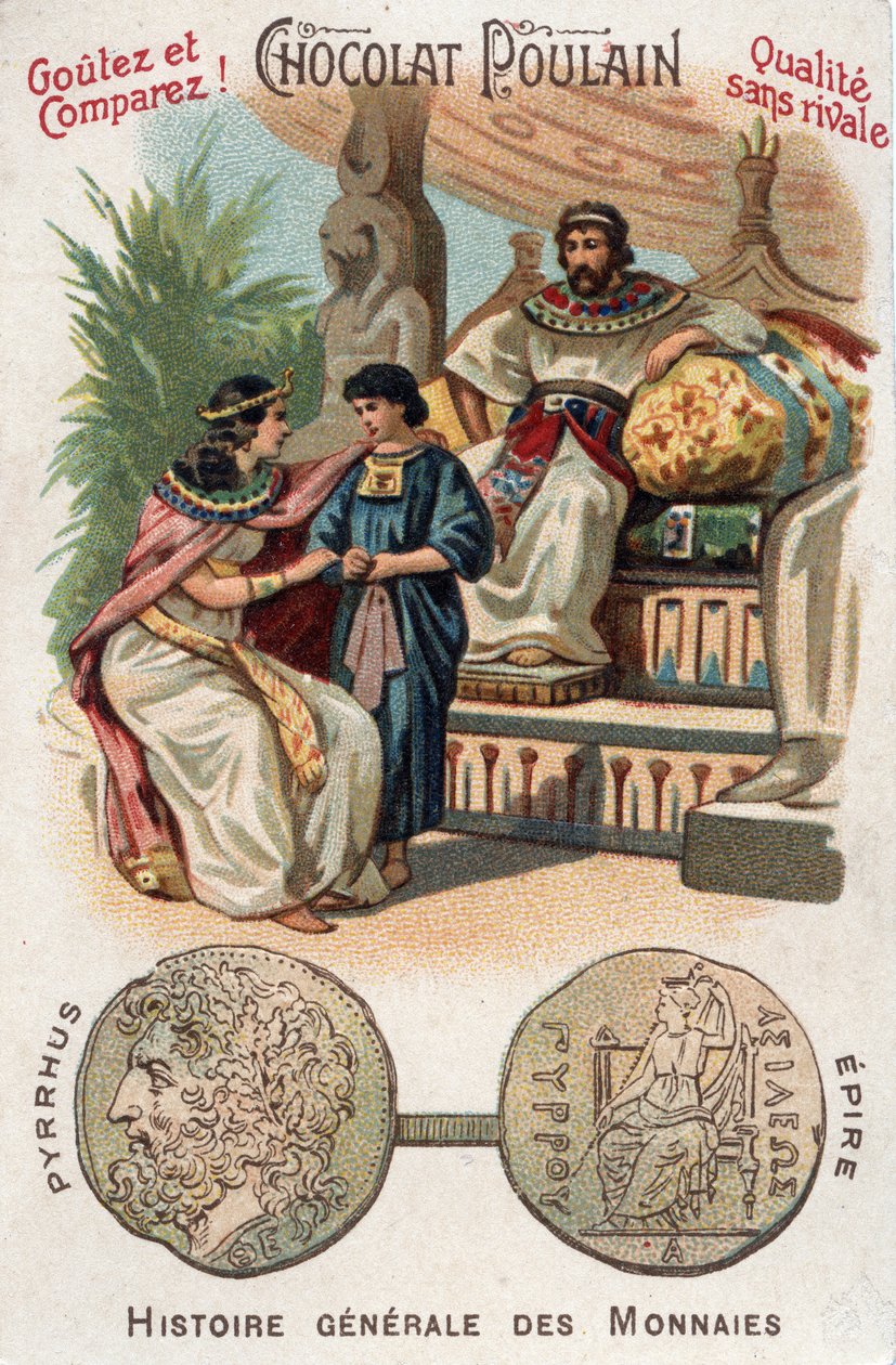 I. Pyrrhos (vagy Pyrrhos) Epire királya Kr.e. 306 és 272 között. Az érmék általános történetében. Csokoládé-csikó kromolitográfiája a 19. század végén. Magángyűjtemény. alkotó: Unknown artist