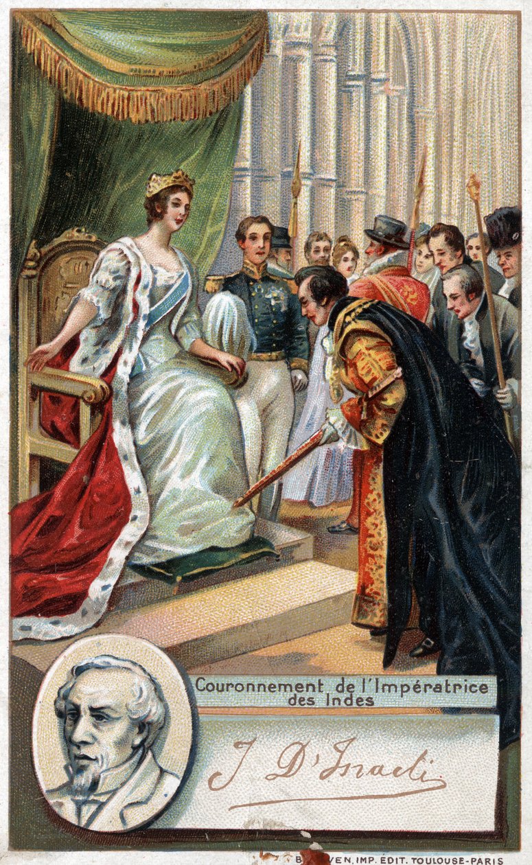 Viktória angol királynő 1877-ben megkoronázta az indiai Imperatrice-t Benjamin Disraeli (1804-1881) brit író és politikus támogatásával. századi kromolitográfiája. alkotó: Unknown artist