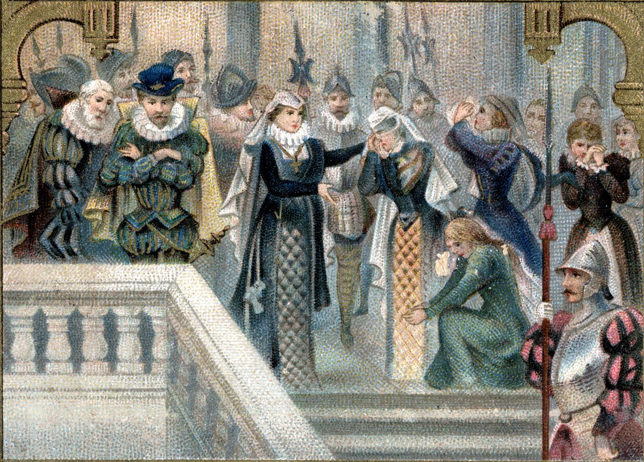 Marie Stuart skót királynő (1542-1587) végső búcsút vett az udvarhölgyektől. század késői kromolitográfiája. alkotó: Unknown artist