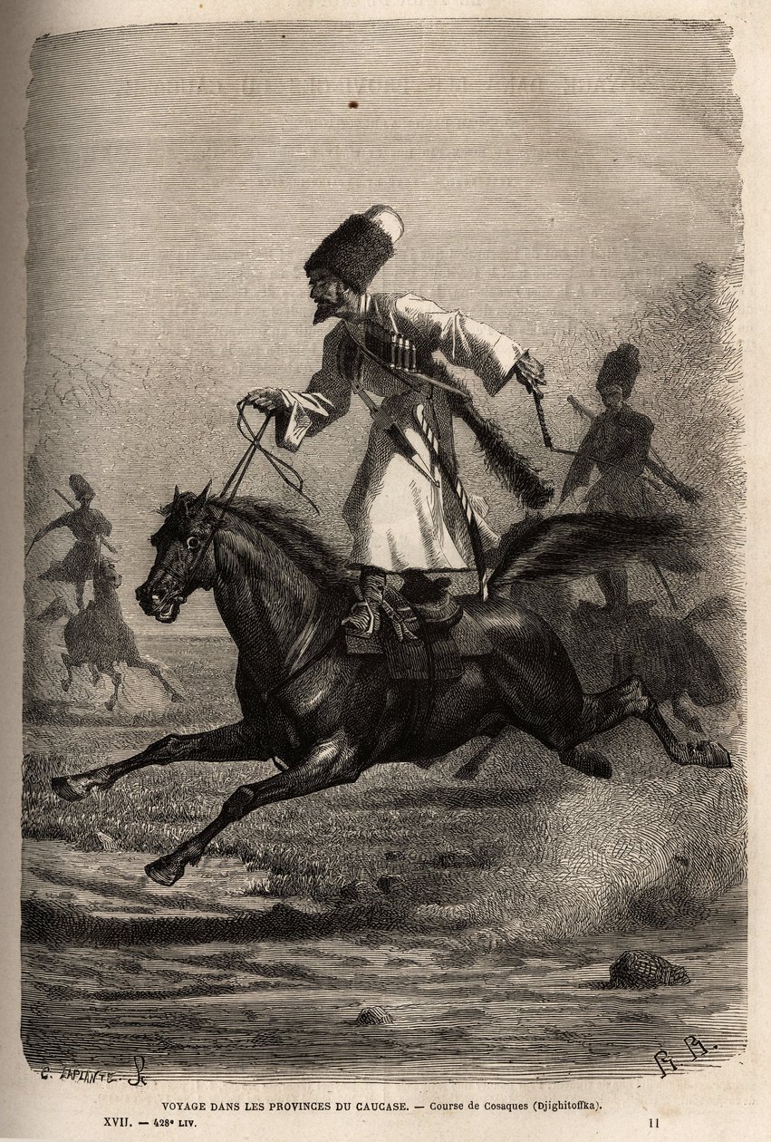 Kozákok versenye, nyeregben állva egyensúlyban mászások, lovasok ostorozzák lovaikat, hogy vágtázzanak. Basile Vereschaguine 1864-1865-ben a Kaukázus tartományaiban tett utazást illusztráló metszet, megjelent a „” Le tour du monde, nouvea alkotó: Unknown artist