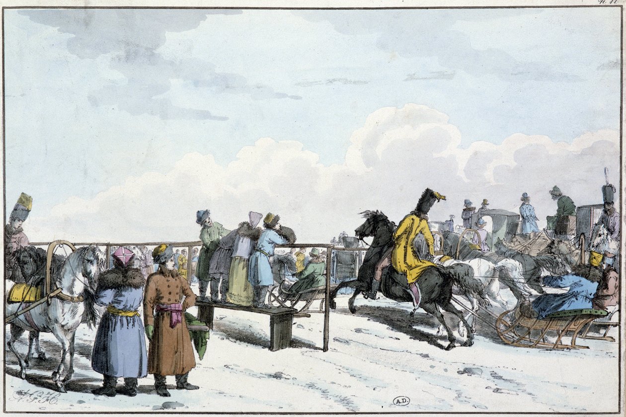 Tankok és lovak versenye Oroszországban - gravírozás alkotó: Unknown artist