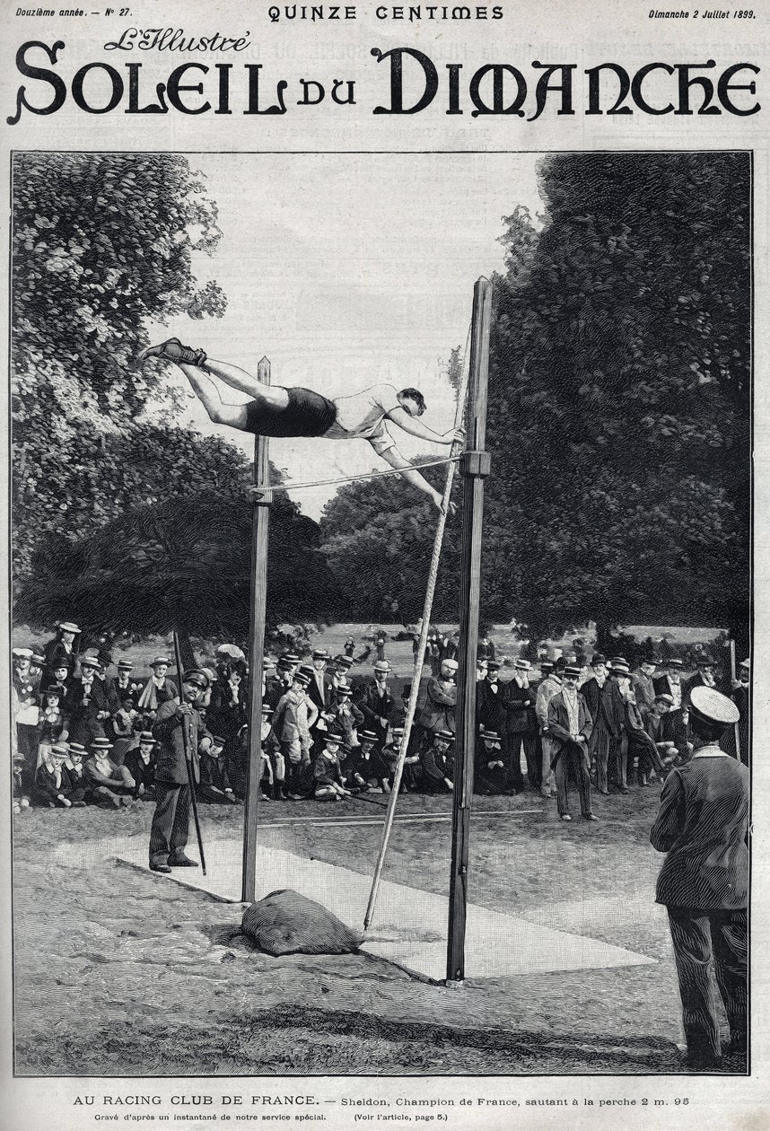 francia versenyklub. Sheldon, Franciaország bajnoka 2,95 m-t ugrik a la Perche-re. Metszet a „Le sun-du-dimanche”-ban, július 2 alkotó: Unknown artist