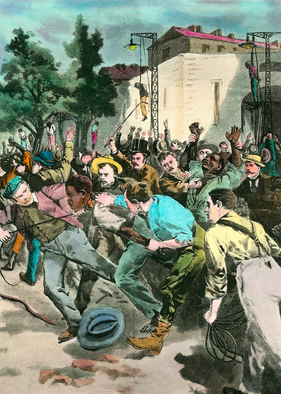 Rasszizmus jelenet: Fekete lincselés az Egyesült Államokban, akiket fehér emberek meggyilkolásával vádolnak. századi metszet. alkotó: Unknown artist