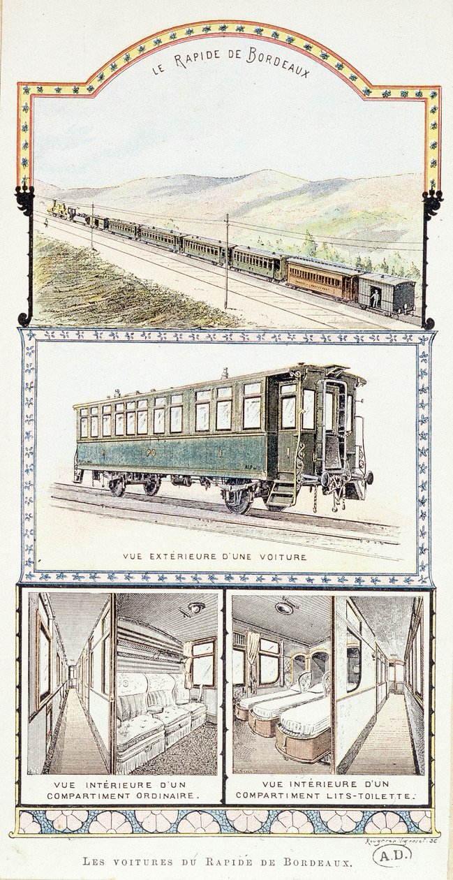 Orléans-i vasutak: a Bordeaux Rapid autók külső és belső képe alkotó: Unknown artist