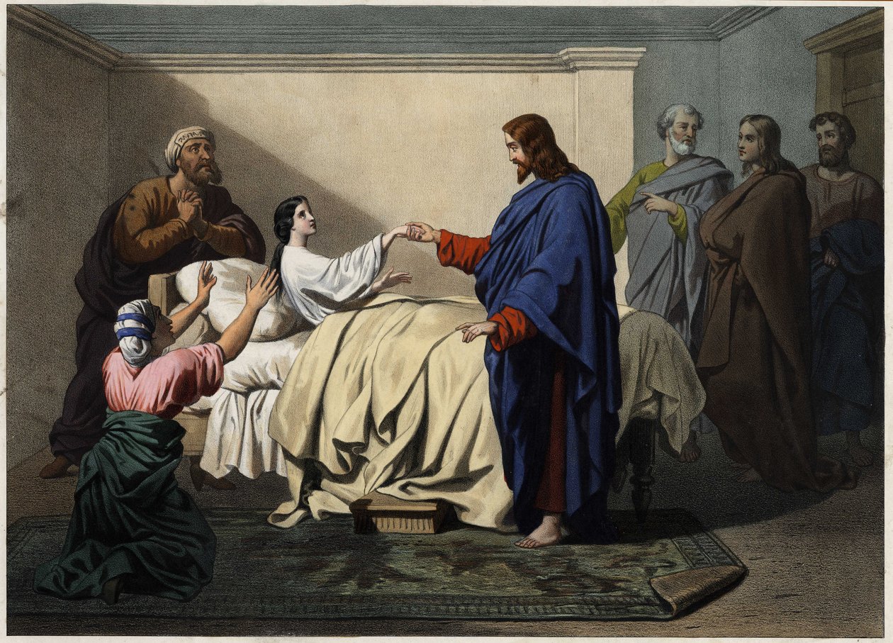 Jairus lányának felnevelése – Jézus megmenti Jaire lányát (Jairus vagy Jairos). Névtelen metszet a 19. század végéről. alkotó: Unknown artist