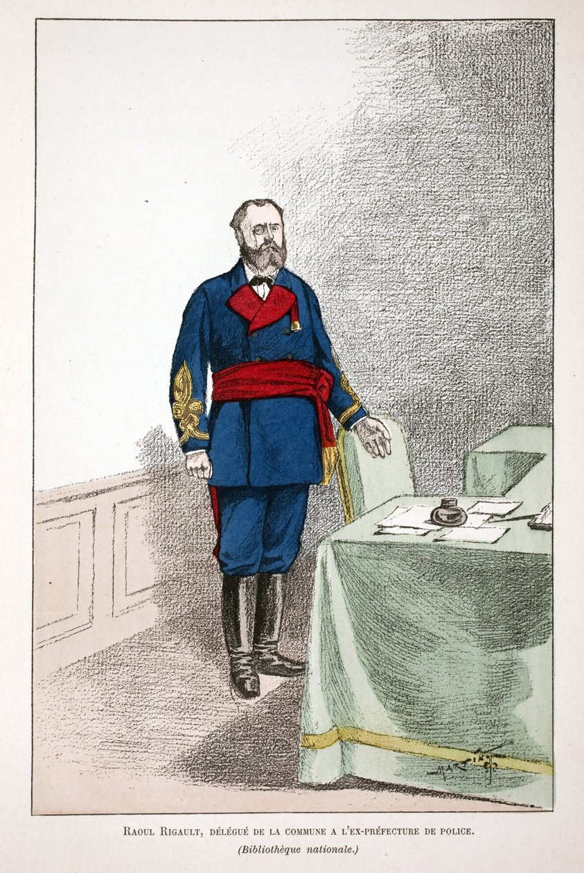 Raoul Rigault (1846-1871), a kommuna delegáltja a volt rendőrségi prefektúrához. Színes rézkarc, illusztrációnak „” A békefenntartók hadtestének története”” című könyv Louis Lepine (1846-1933) rendőrprefektus gondozásában jelent meg. alkotó: Unknown artist