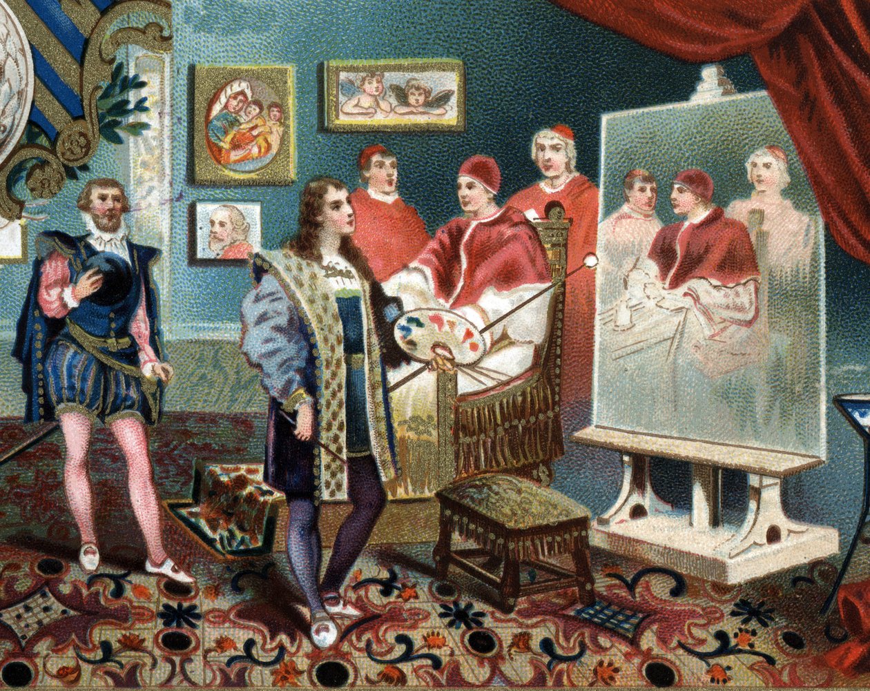 X. Leon pápa (10. Leone) portréján dolgozó Raphael (Raffaello Sanzio) körülveszi Jules de Medicis (Giulio) bíborost (VII. Kelemen pápa) alkotó: Unknown artist