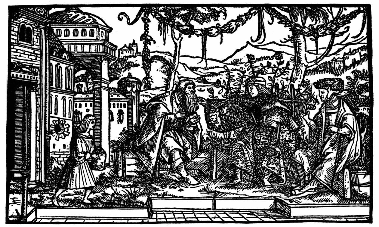 Raphaël Hythlodée, egy utazó, aki öt évet töltött Utópiában, Thomas More-nak és Pierre Gilles-nek mesél utazásáról. Thomas More (1478-1535) „Utópia” 1516-os kiadásában megjelent xilográfia. alkotó: Unknown artist