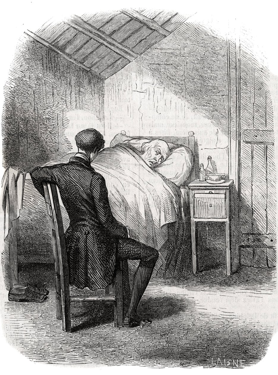 Rastignac egyedül maradt az öreg mellett, az ágy lábánál ülve... Metszet 19. század közepe. Illusztráció Honore de Balzac (1799-1850) „The Father Goriot”-hoz. alkotó: Unknown artist