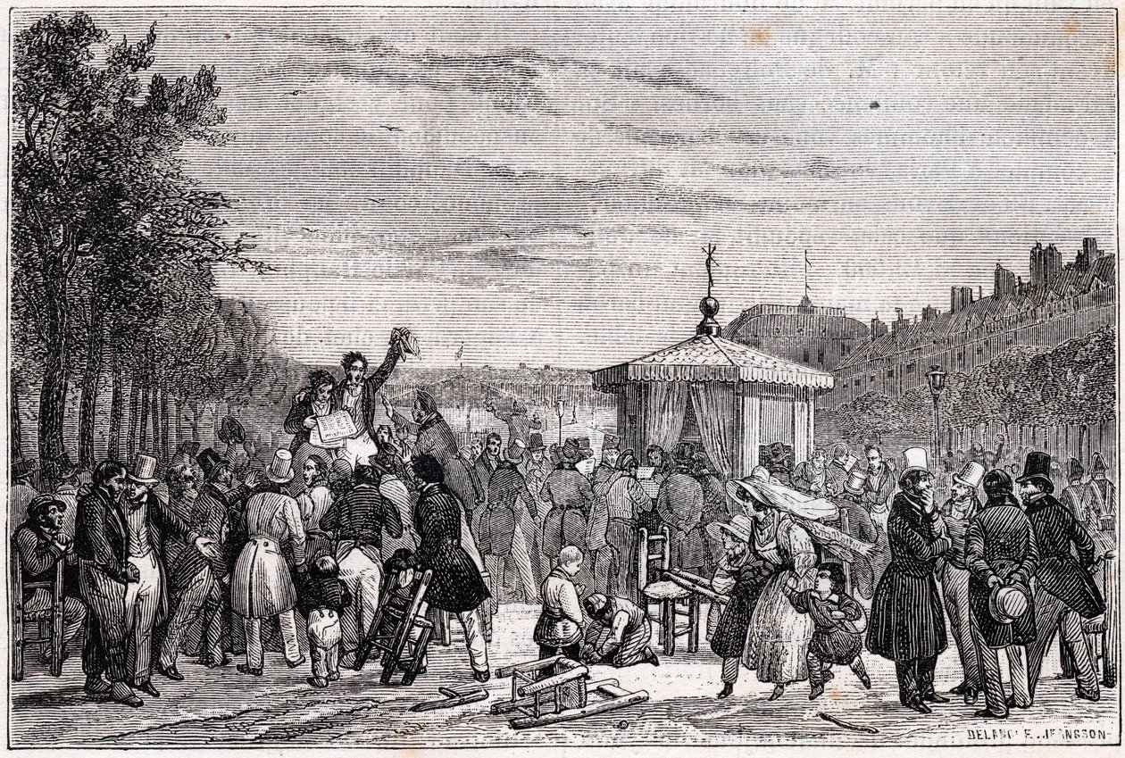 A Moniteur újságban megjelent ítéletek felolvasása a párizsi királyi palota kertjében 1830. július 26-án a polgárháború idején – 1830. évi forradalom – alkotó: Unknown