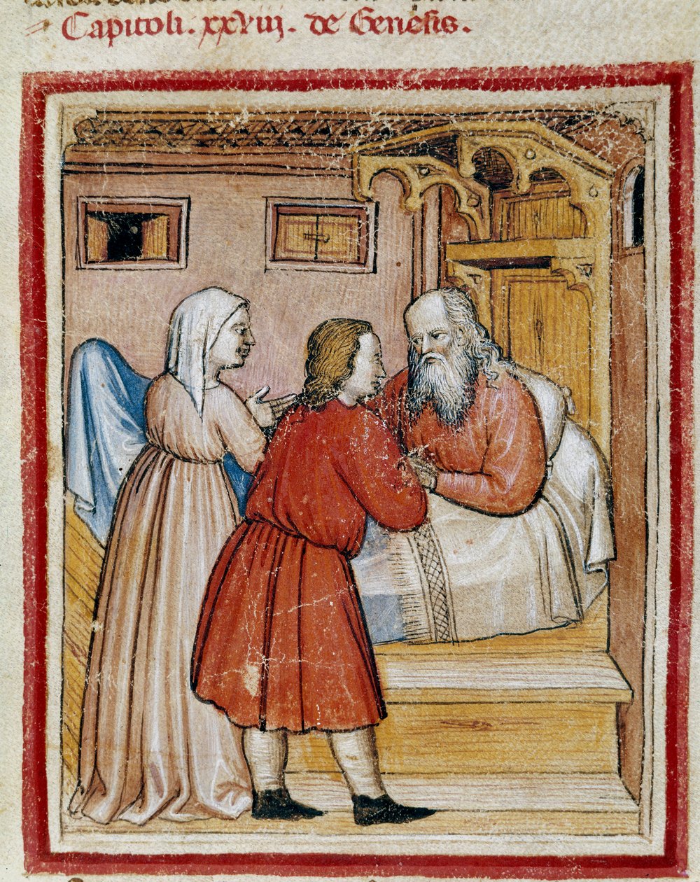 Rebeka elviszi fiát, Jákóbot, akit bátyja, Ézsau megöléssel fenyeget, férje, Izsák elé, hogy elvegye miniatűr áldását a Codex 212-ből (vagy padovanoból vagy a padovai Bibliából) 1390-1400 Rovigo, Accademia dei Concordi alkotó: Unknown artist