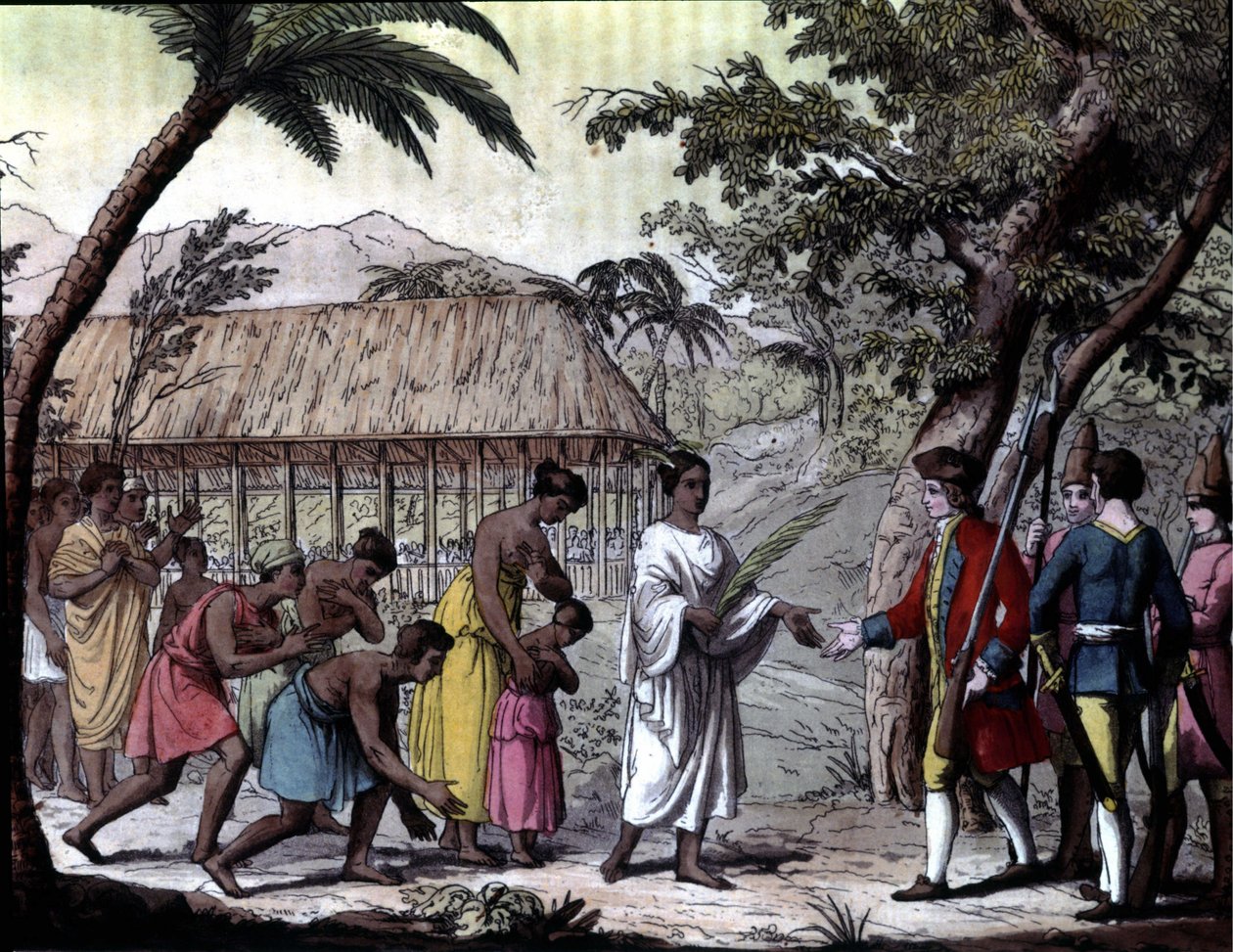 Samuel Wallis navigátor átvétele Oberea királynőtől Tahitin. „” Cook navigációi, Milánó alkotó: Unknown artist