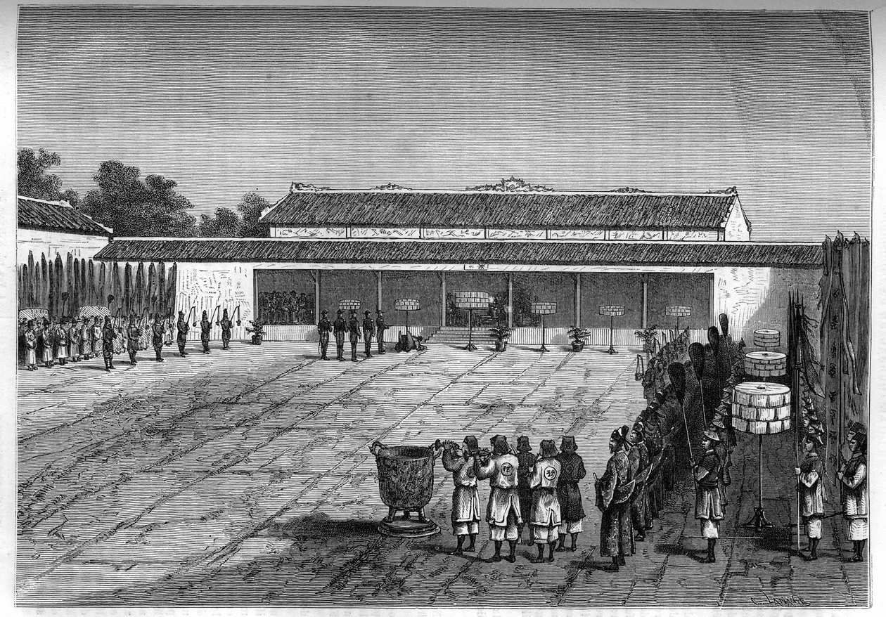 A francia meghatalmazott fogadása Hue-ban Annam királya által. Metszet a „Le journal de la jeunesse”-be alkotó: Unknown artist