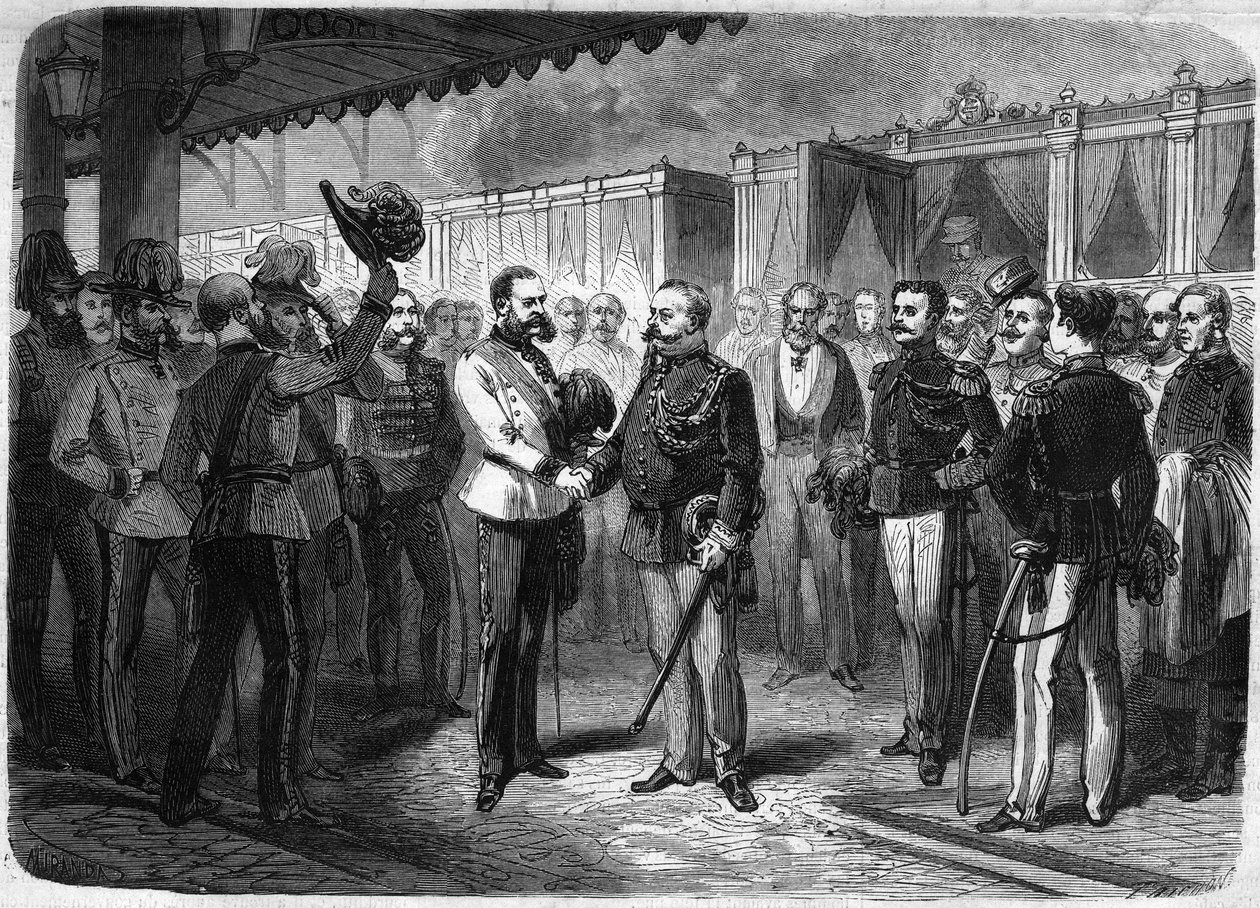 Vittorio Emanuele II (Victor Emmanuel) (Victor Emmanuel) (1820-1878) olasz király fogadása I. Francois Joseph (Francois-Joseph) (1830-1916) osztrák császár által Bécsben 1873-ban. Illusztris univerzum”” alkotó: Unknown artist