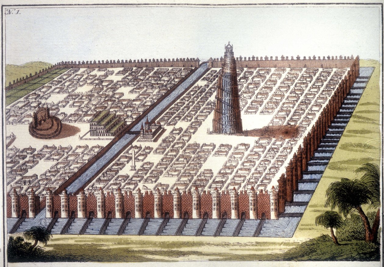 Babilon ősi városának rekonstruált képe, a bekerítéssel, a függőkertekkel és a zikkuráttal. alkotó: Unknown artist