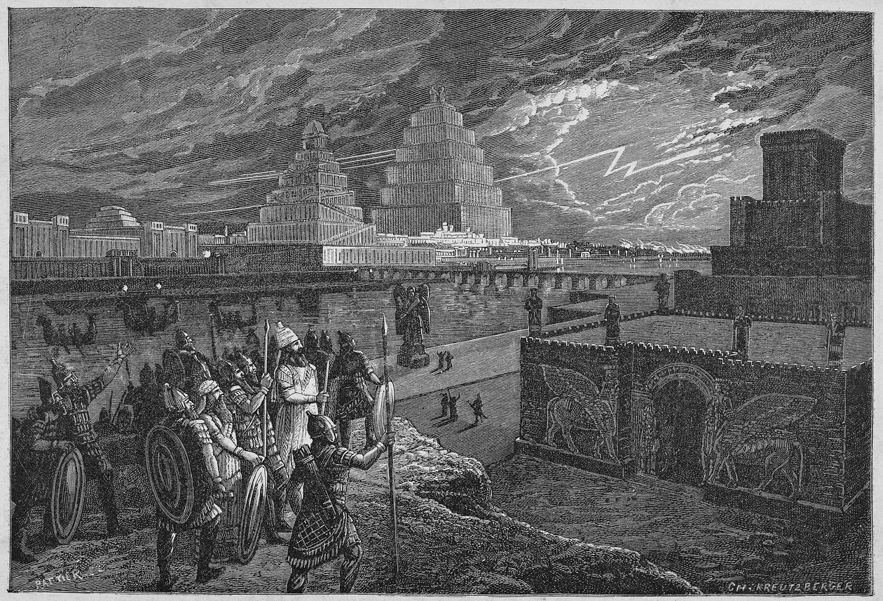 A Babilon folyó menti templomok és paloták újjáépítése - Mezopotámia: Babilon városának újjáépítése, amely II. Nabukodonozor király uralkodása alatt épült. alkotó: Unknown artist