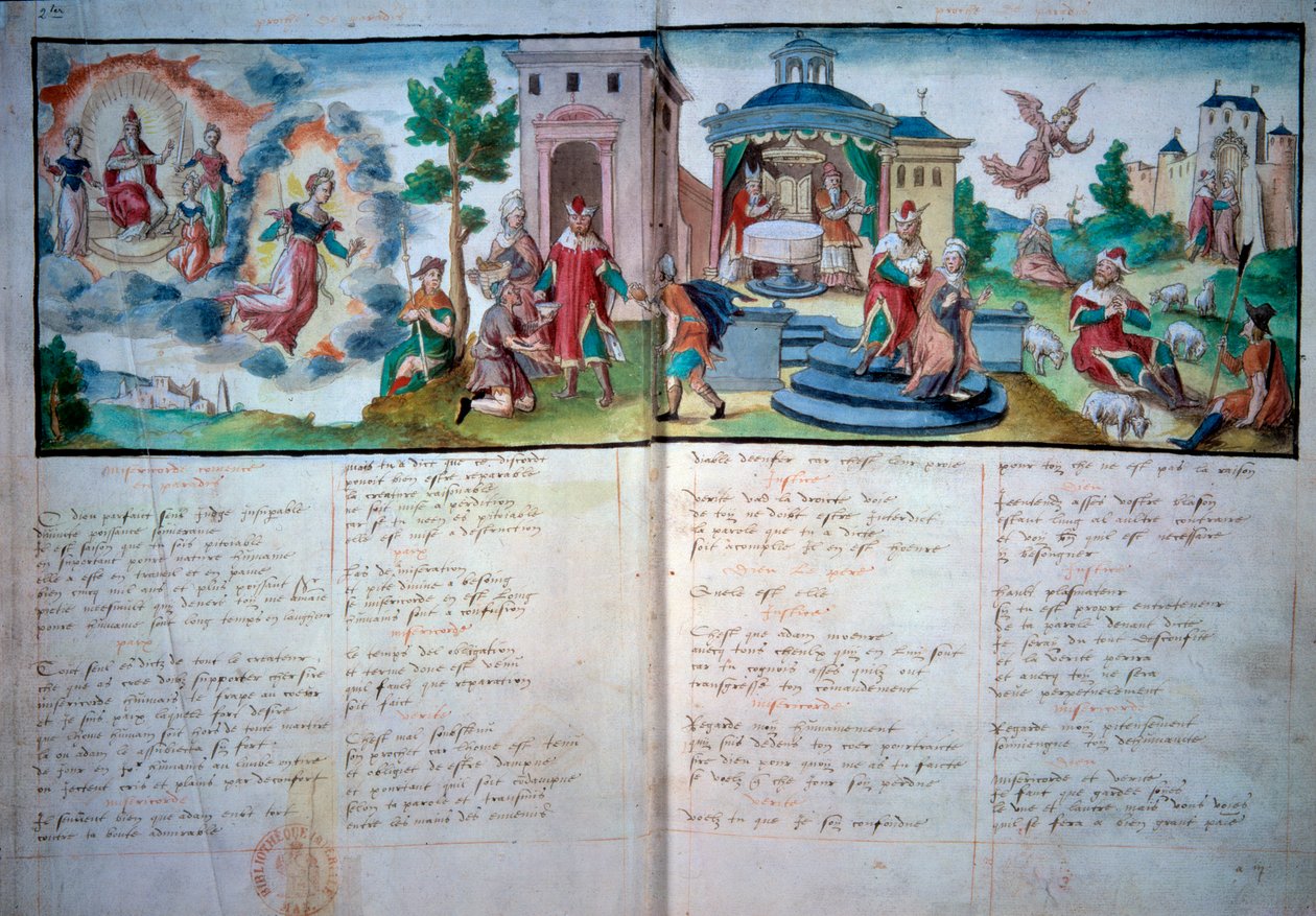 Vallási Színház: „Szenvedély és feltámadás”” Valenciennes-ben játszották 1547-ben. Kéziratos oldal akvarellel, Paris, B.N. alkotó: Unknown artist
