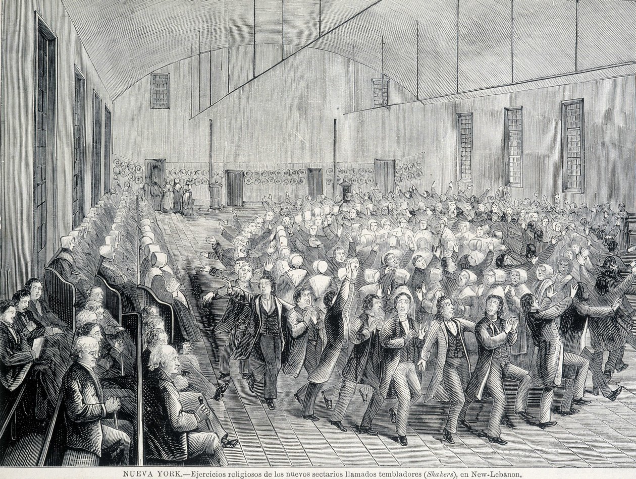 A Shakerek vallási körmenete New Yorkban. 19. századi illusztráció. alkotó: Unknown artist