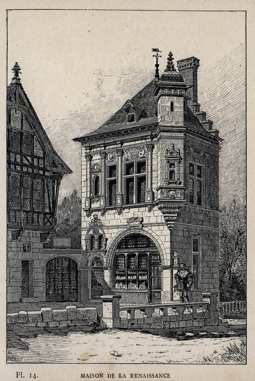 Reneszánsz ház – 1889-es metszet az „Emberi lakhatás története az 1889-es egyetemes kiállításon, Charles GARNIER úr – Librairie centrale des beaux-arts Paris 1889 című könyvében alkotó: Unknown artist